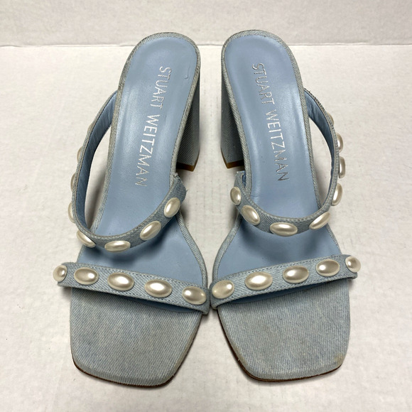 STUART WEITZMAN Pearlita Studded Denim Slide Sandal Light Blue Open Toe 10 - Picture 4 of 8